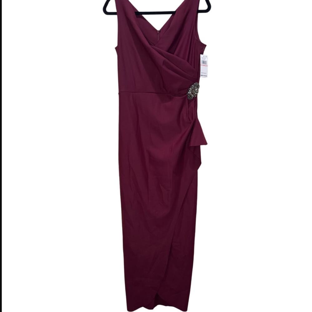 Alex Evenings Smoothing Compression Knit Mock Wrap Gown - Wine 10